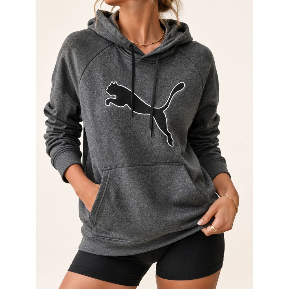 PUMA Gray Logo Hoodie Womens Medium Athletic Y2K Streetwear Pullover